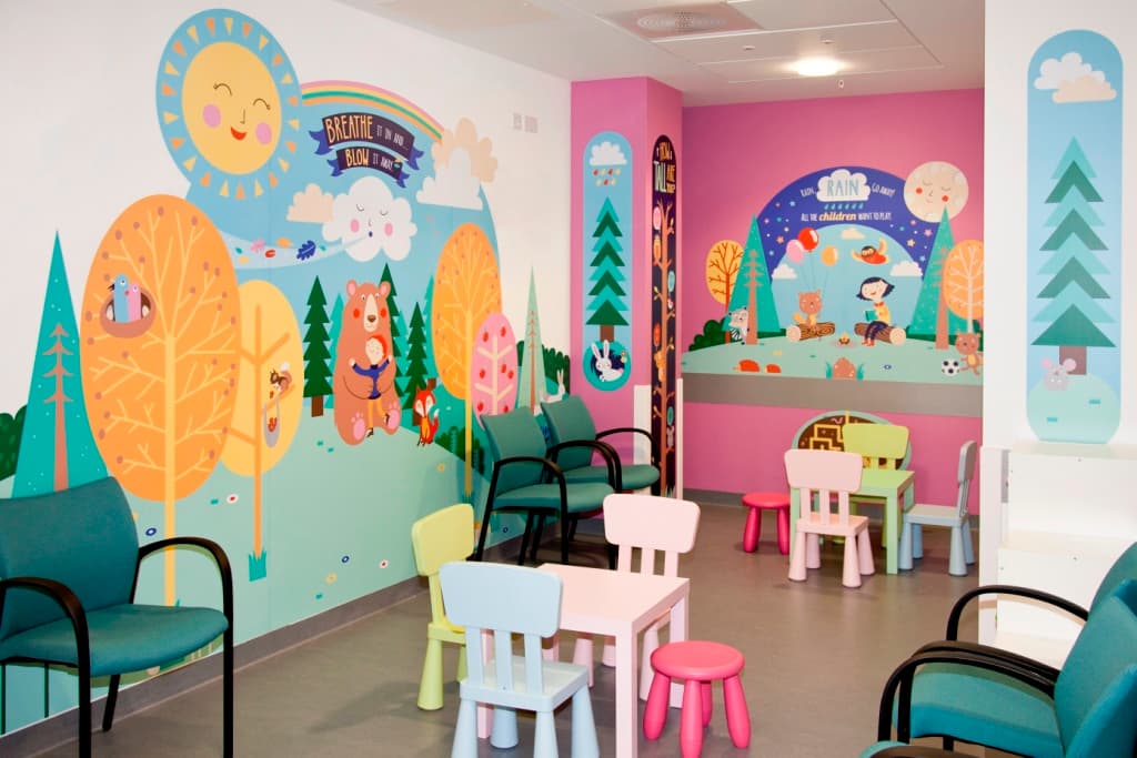 Colourful children's waiting room in hospital emergency department