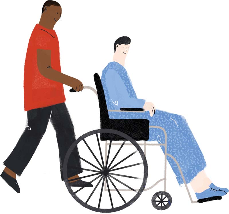 Drawn graphic: Porter pushing patient in wheelchair