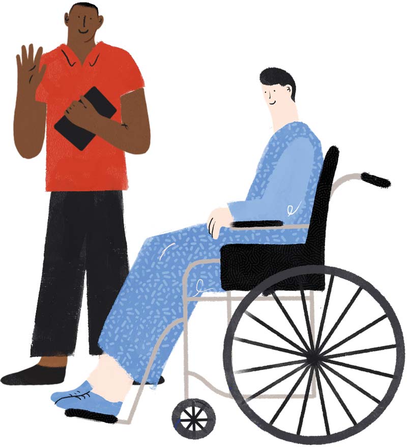 Drawn graphic: Porter talking to patient in wheelchair