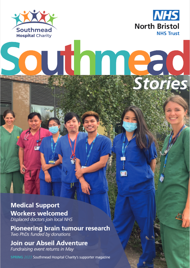 Front cover of supporter magazine Southmead Stories featuring a group of seven medics in green, blue and pink scrubs