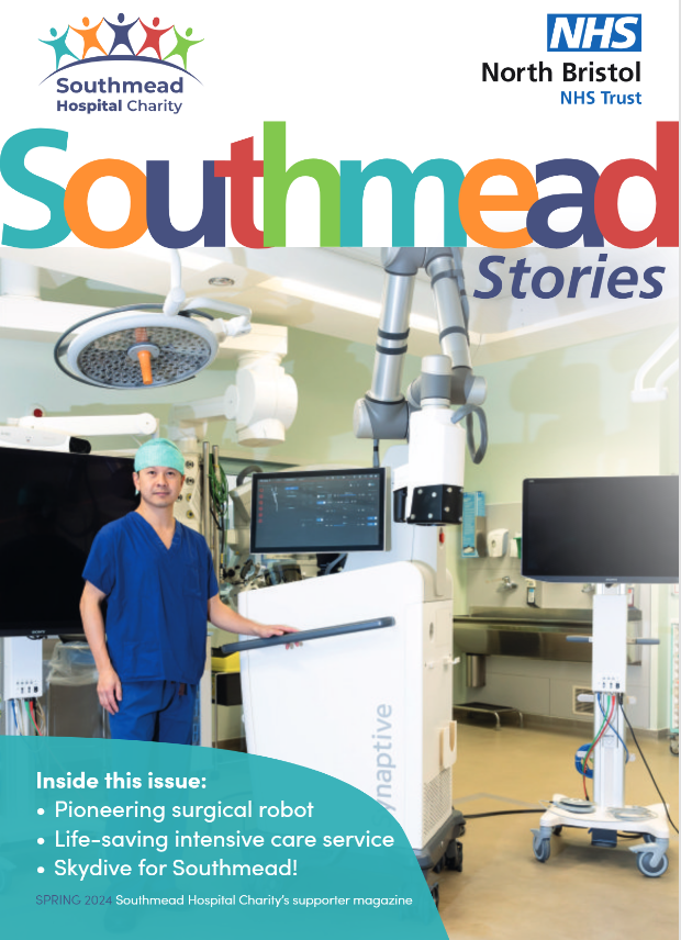 Front cover of Southmead Stories featuring neurosurgeon Mario Teo next to the recently funded robotic microscope.